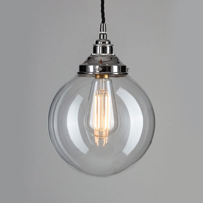 Outlet Old School Electric Globe Blown Glass Pendant Light - Large, Polished Nickel, 1 Metre Black Flex
