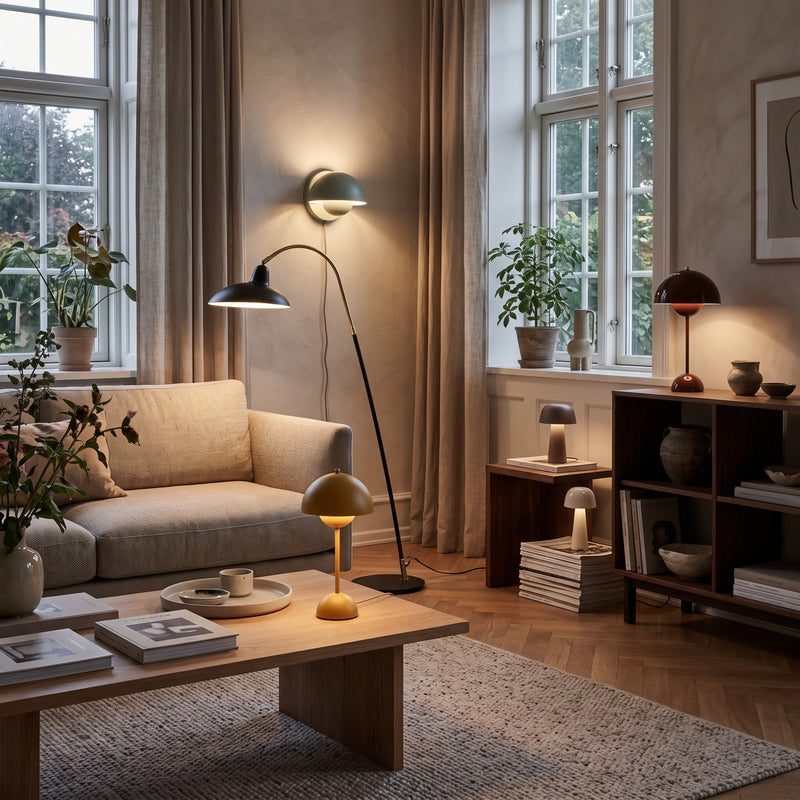An image featuring a furnished living room with floor, wall, table and portable lamps