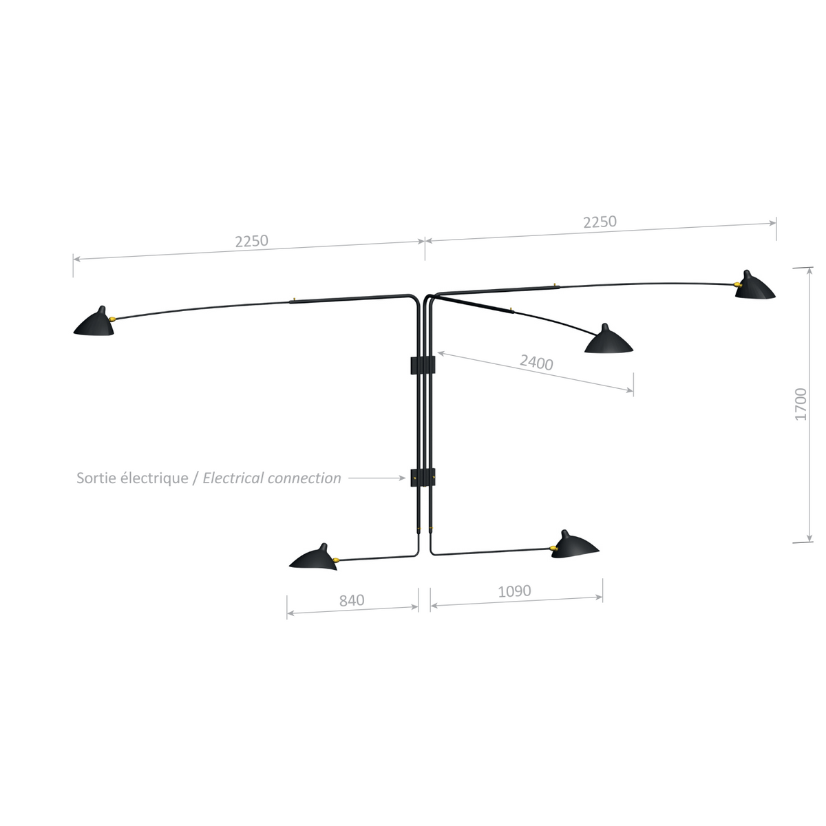 Serge Mouille Applique Pivotants 5 Rotating Straight Arms Wall Lamp