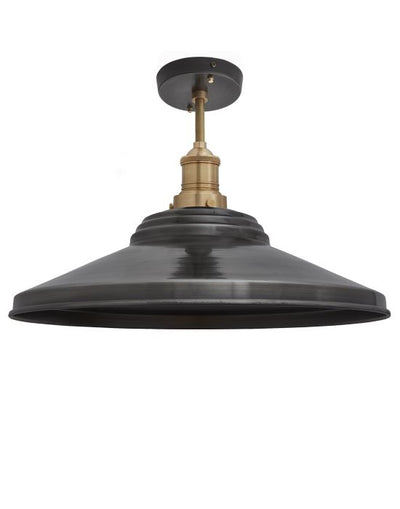 Outlet Industville Brooklyn Flush Ceiling Light - Step Shade - Large, Pewter Shade, Brass Fitting