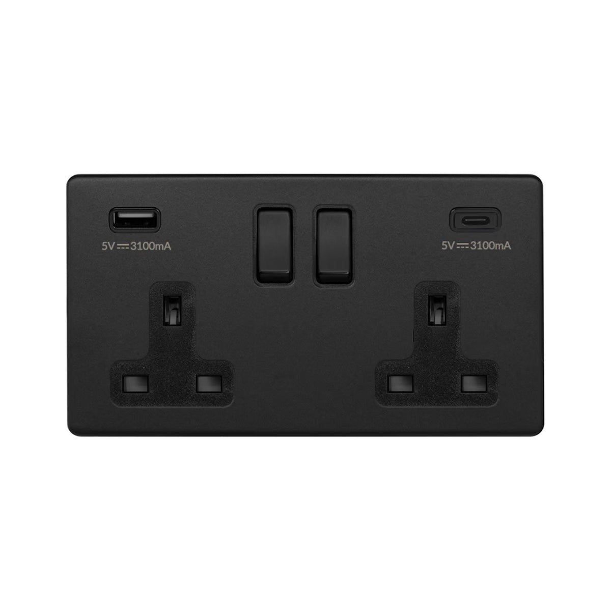 Soho Lighting Camden Collection Matt Black 13A 2 Gang Socket with a USB-A and USB-C Port