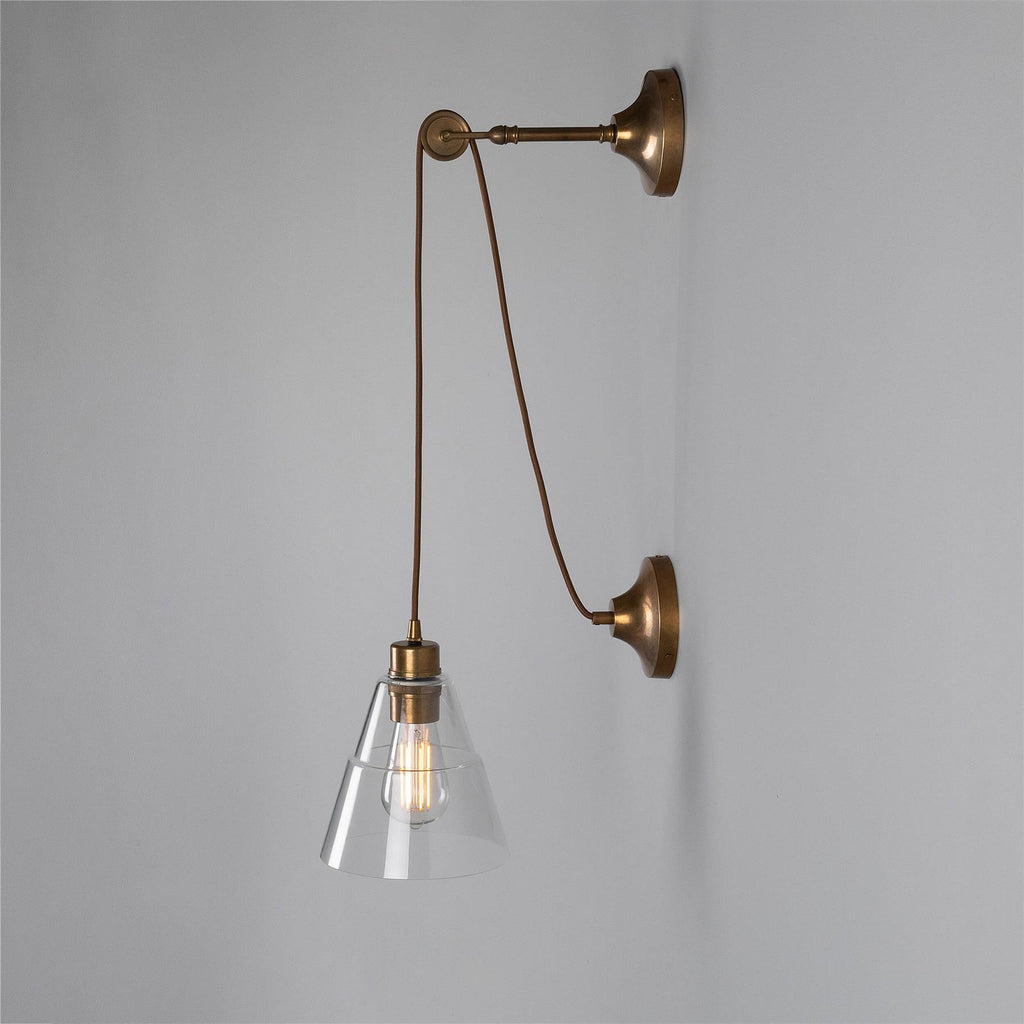Mullan Lighting Rigale Industrial Pulley Wall Light with Stepped Glass Lamp Shade