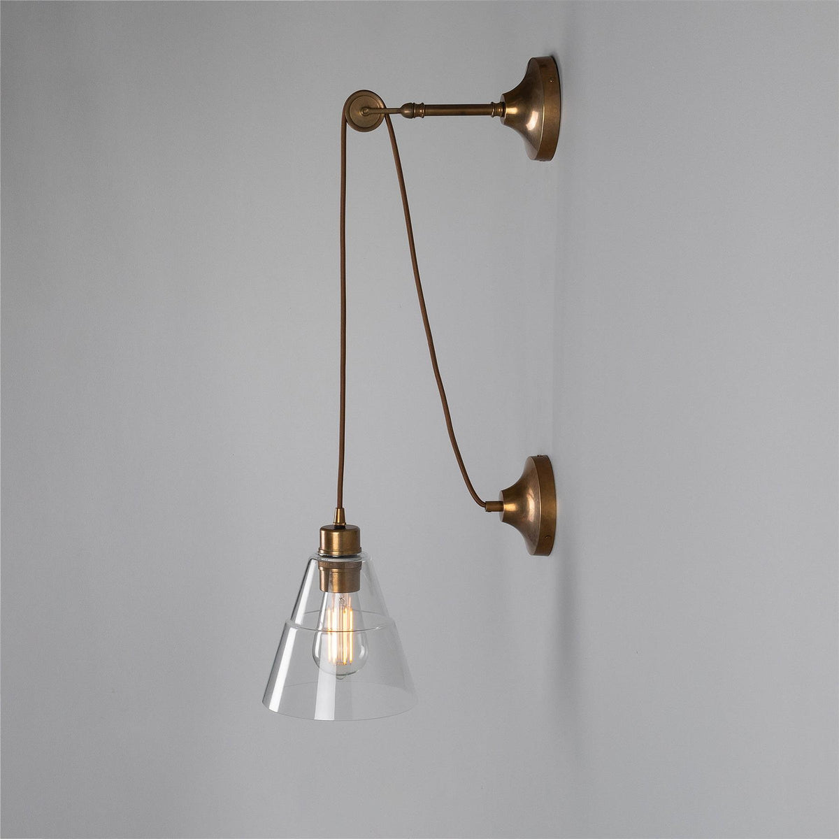 Mullan Lighting Rigale Industrial Pulley Wall Light with Stepped Glass Lamp Shade