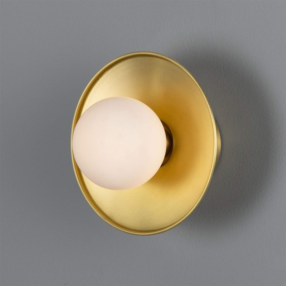 Mullan Lighting Aosta Brass Disc Bathroom Wall Light with Glass Globe