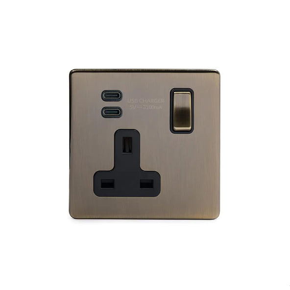 Soho Lighting Charterhouse Collection Antique Brass 13A 1 Gang with Dual USB-C