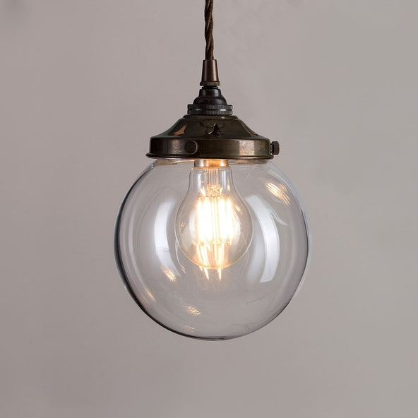 Outlet Old School Electric Globe Blown Glass Pendant Light - B22 - Antique Brass, Small : 15cm, 1 Metre Brown