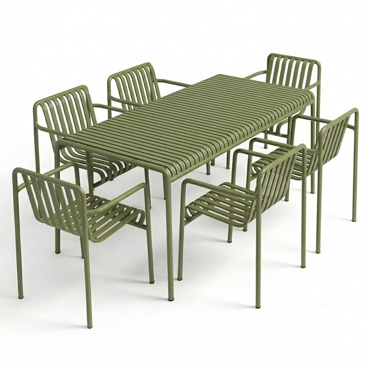 Outlet HAY Palissade Large Garden Dining Set with 6 Chairs - Curated by Holloways of Ludlow - Palissade Dining Armchair, Olive Green
