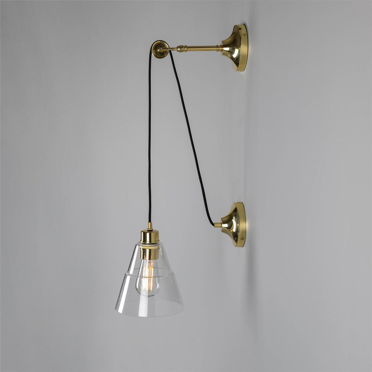 Mullan Lighting Rigale Industrial Pulley Wall Light with Stepped Glass Lamp Shade