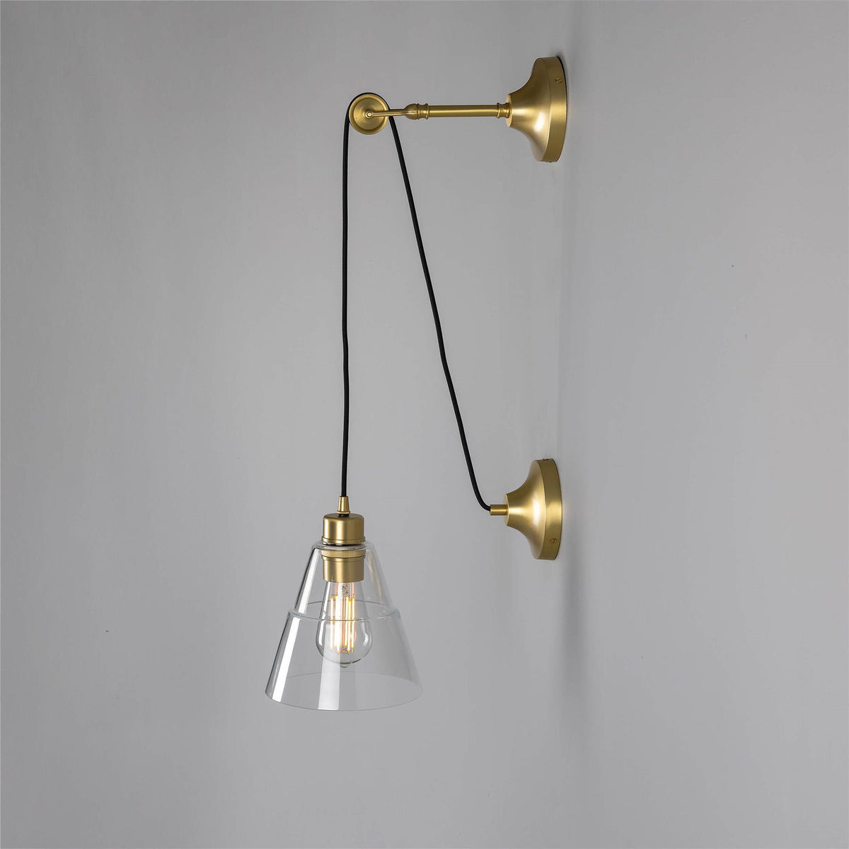 Mullan Lighting Rigale Industrial Pulley Wall Light with Stepped Glass Lamp Shade