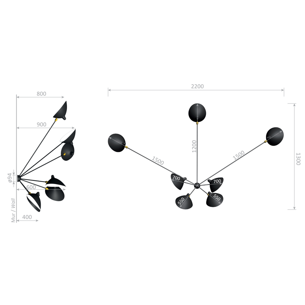 Serge Mouille Applique Araignee 7 Still Arms Wall Lamp