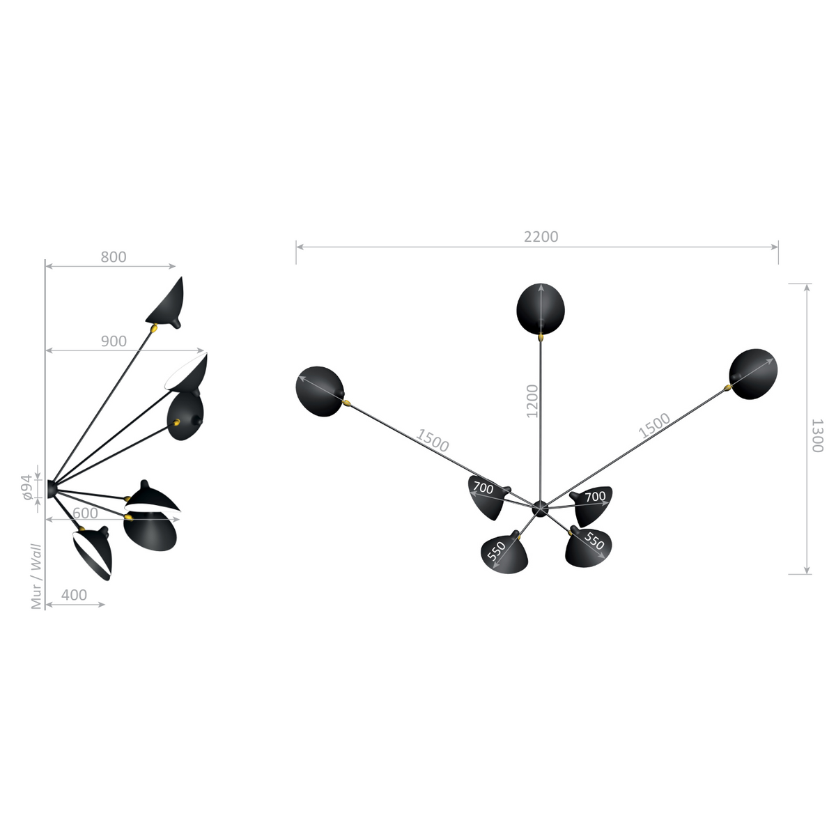 Serge Mouille Applique Araignee 7 Still Arms Wall Lamp