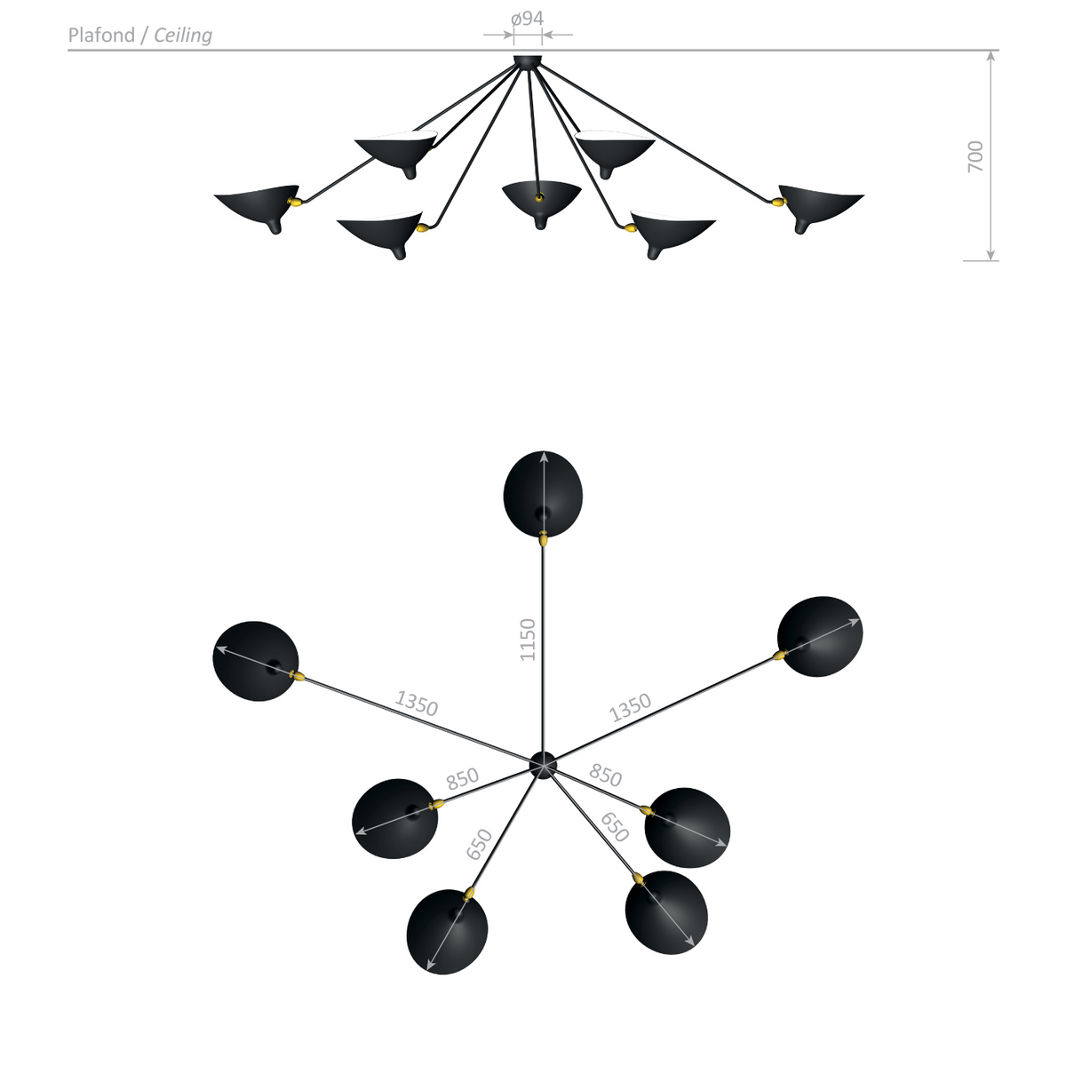 Serge Mouille Plafonnier Araignee 7 Still Arms Wall Lamp