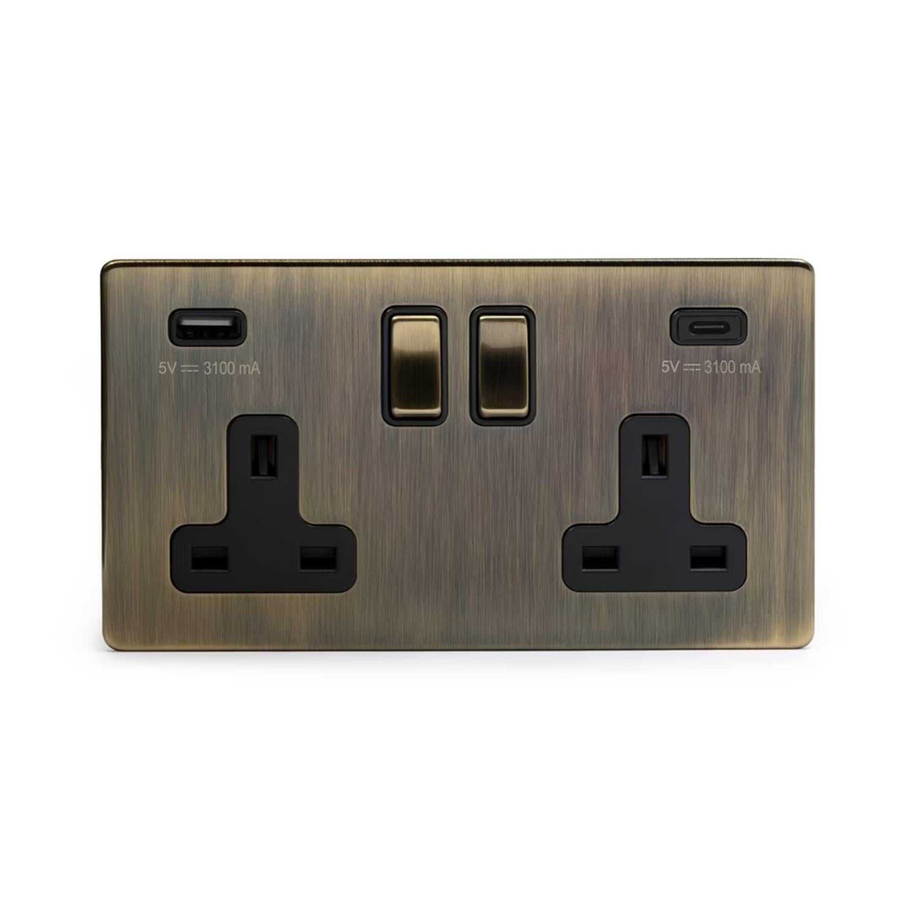 Soho Lighting Charterhouse Collection Antique Brass 13A 2 Gang DP Socket with a USB-A and USB-C Port