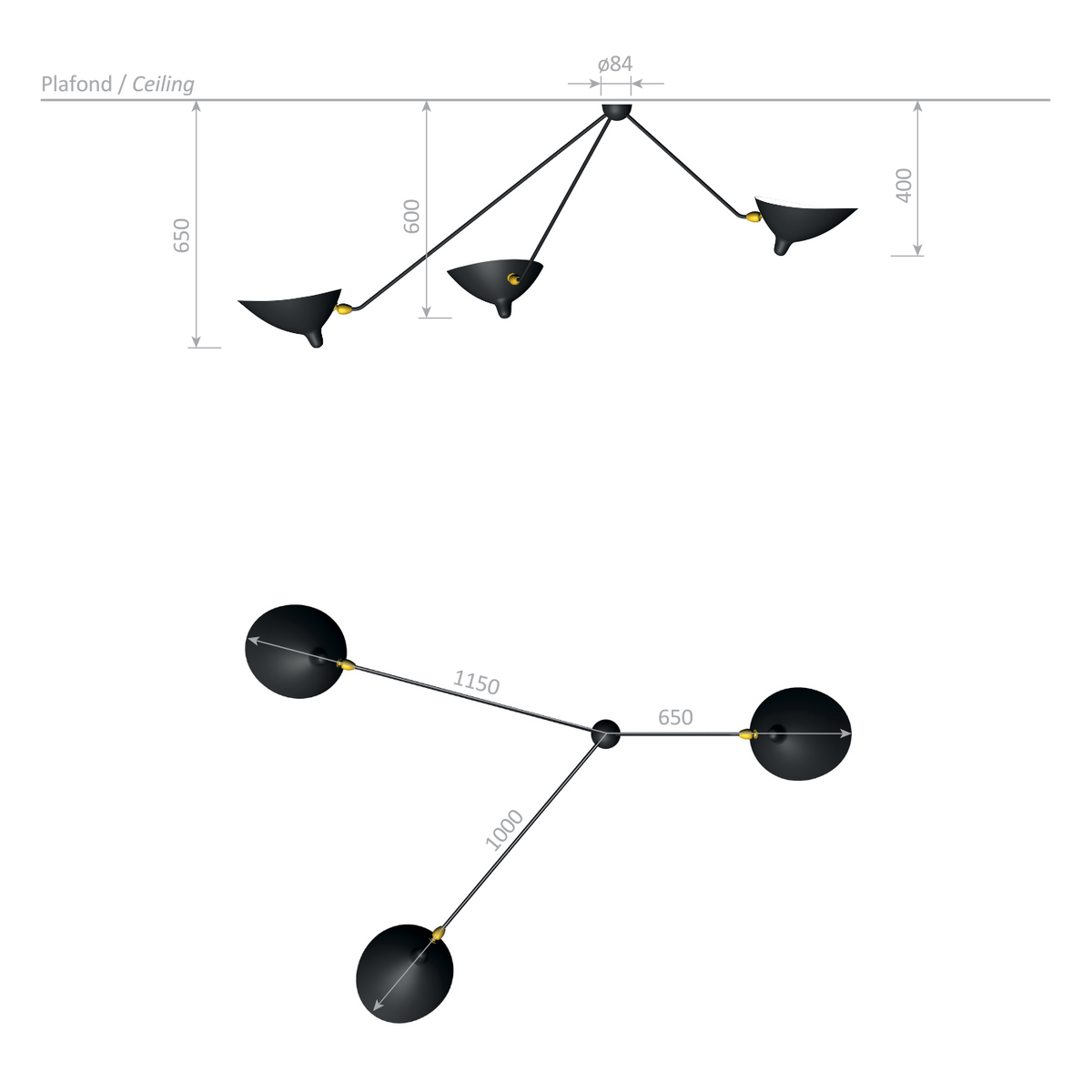 Serge Mouille Plafonnier Araignee 3 Still Arms Wall Lamp
