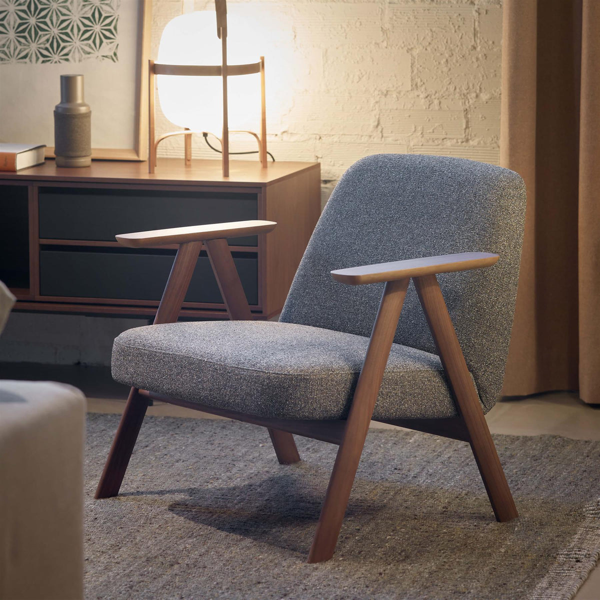 Treku Leku Armchair, Wood Frame, Upholstered in Granit-Crevin