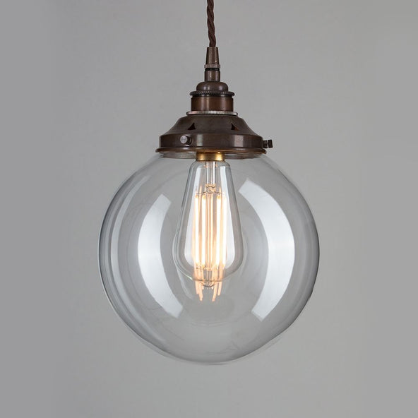 Outlet Old School Electric Globe Blown Glass Pendant Light - Large, Antique Brass, 1 Metre Brown Flex