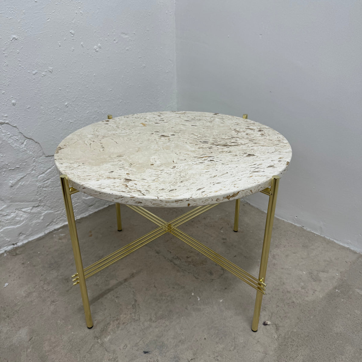 Ex-Display (Bath Showroom) GUBI TS Coffee Table - Brass Base - Small, Neutral White Travertine