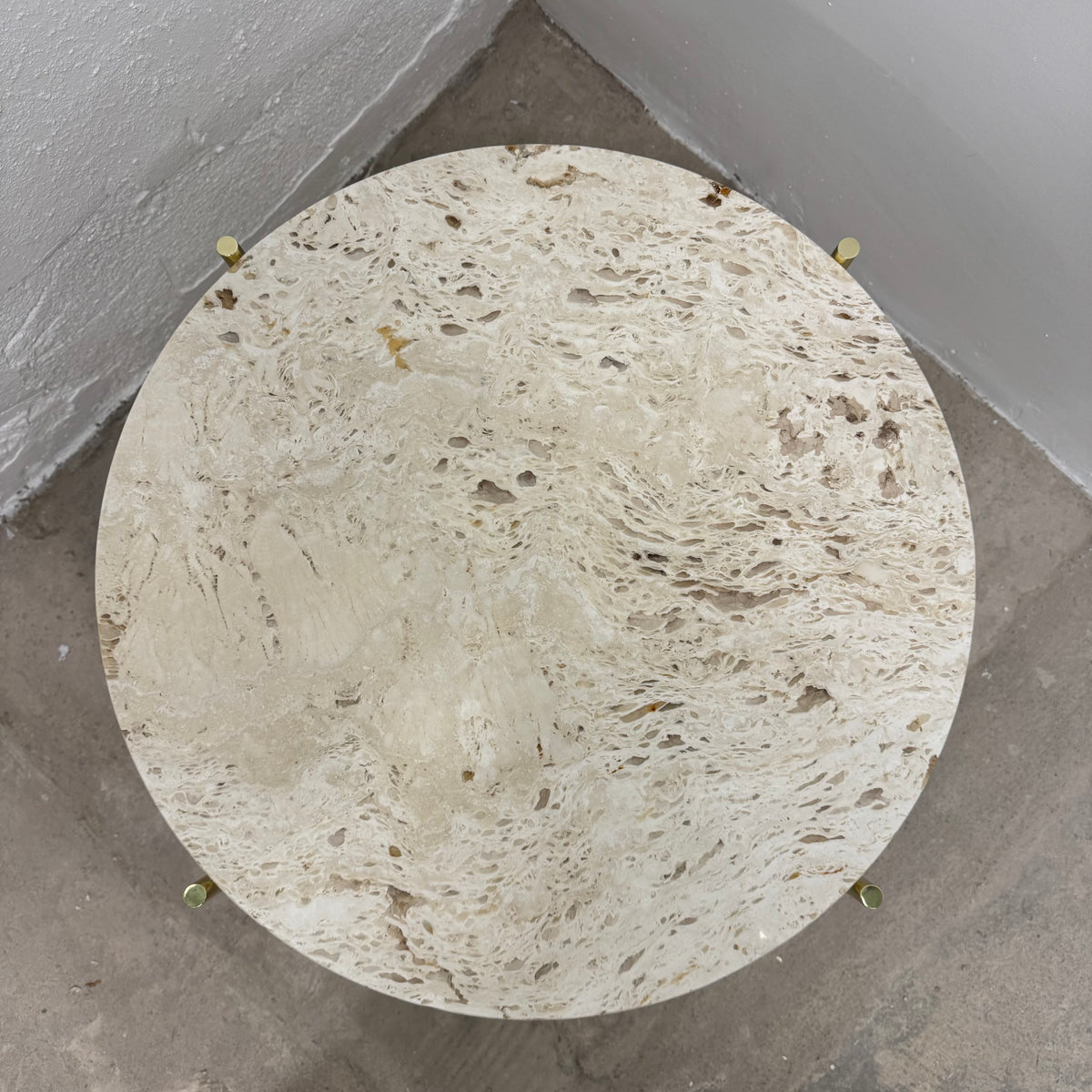 Ex-Display (Bath Showroom) GUBI TS Coffee Table - Brass Base - Small, Neutral White Travertine