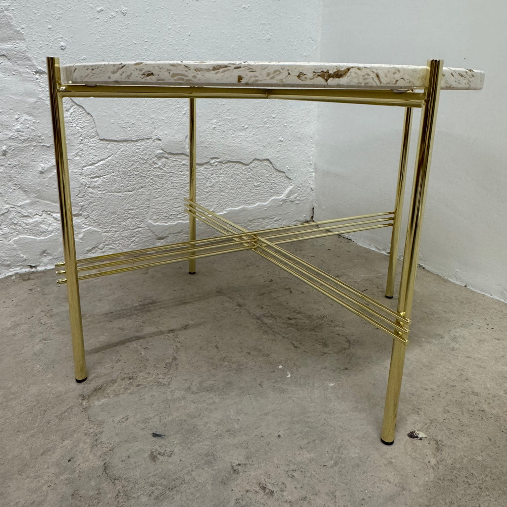 Ex-Display (Bath Showroom) GUBI TS Coffee Table - Brass Base - Small, Neutral White Travertine
