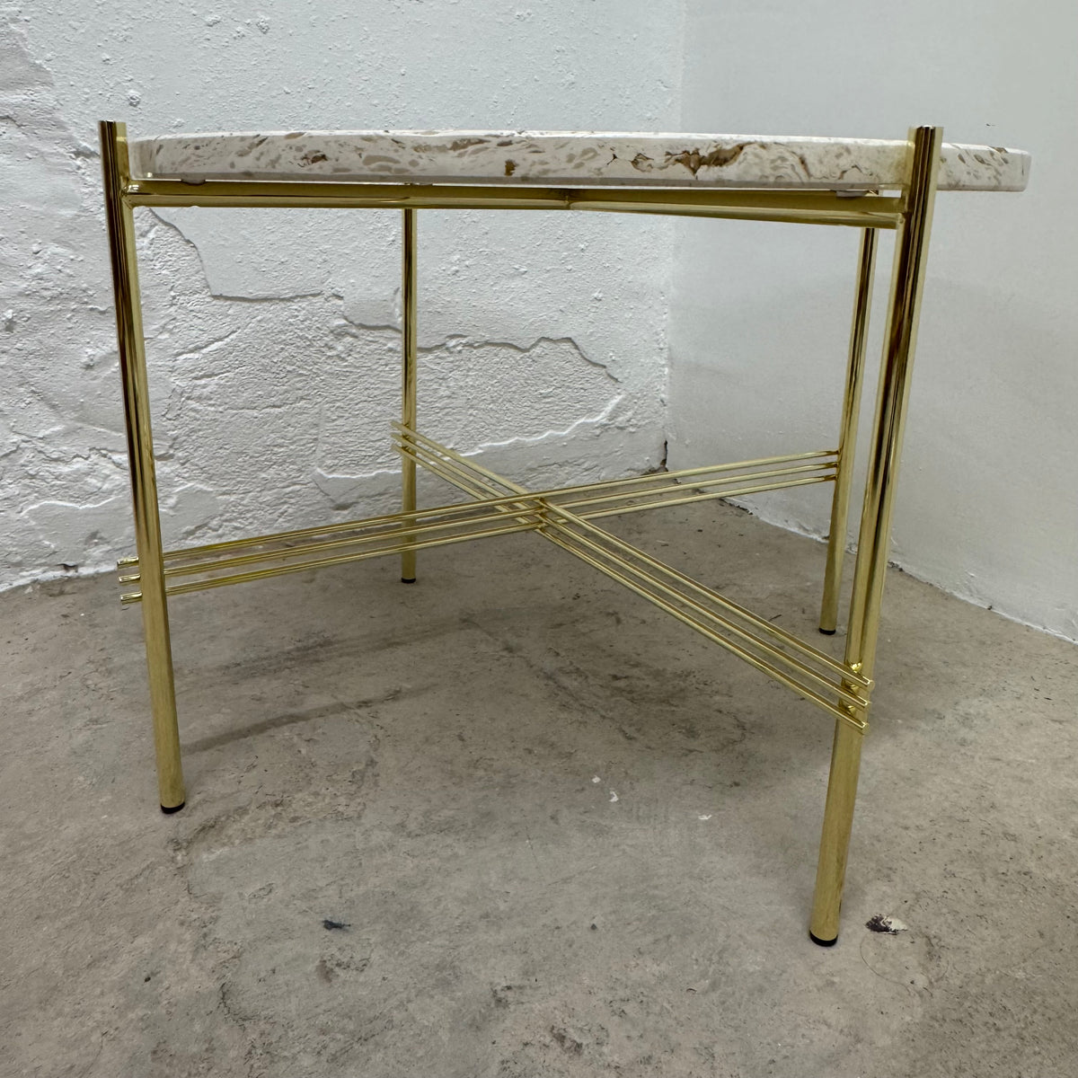 Ex-Display (Bath Showroom) GUBI TS Coffee Table - Brass Base - Small, Neutral White Travertine