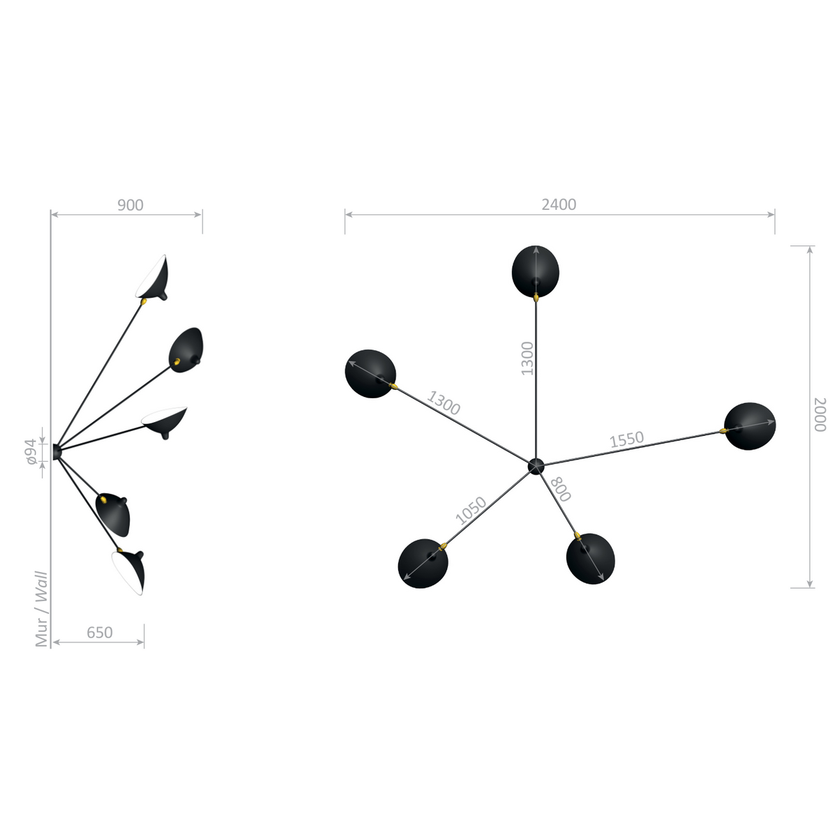 Serge Mouille Applique Araignee 5 Still Arms Wall Lamp