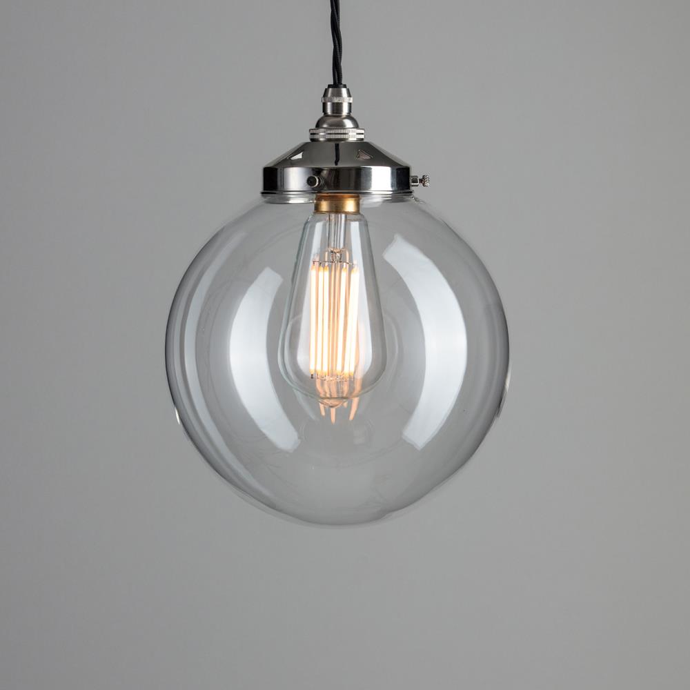 Outlet Old School Electric Globe Blown Glass Pendant Light - B22 - Polished Nickel, Medium : 20cm, 1 Metre Black