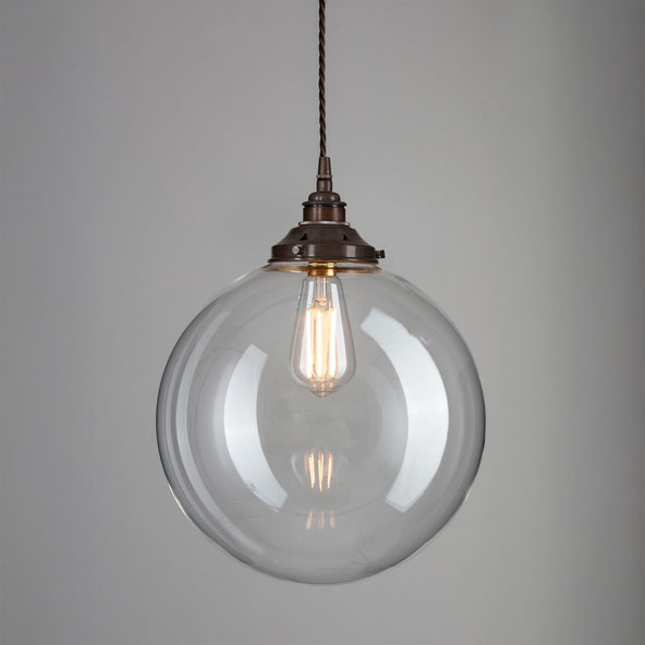 Outlet Old School Electric Globe Blown Glass Pendant Light - Extra Large, Antique Brass, 1 Metre Brown Flex