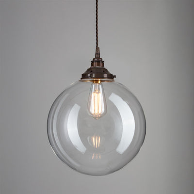 Outlet Old School Electric Globe Blown Glass Pendant Light - Extra Large, Antique Brass, 1 Metre Brown Flex
