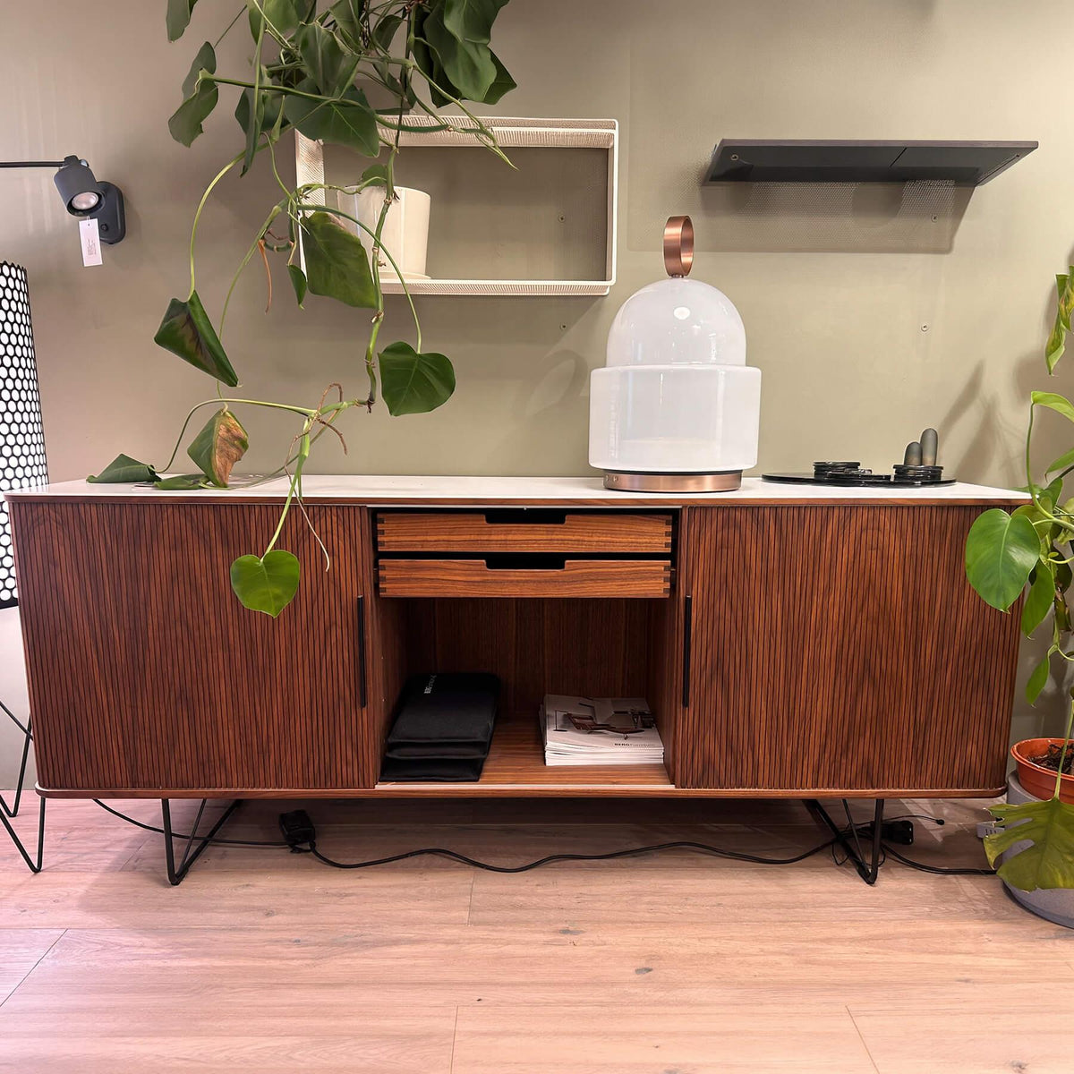 Ex-Display Naver Collection Tambour Sideboard - Walnut - Brushed stainless steel base