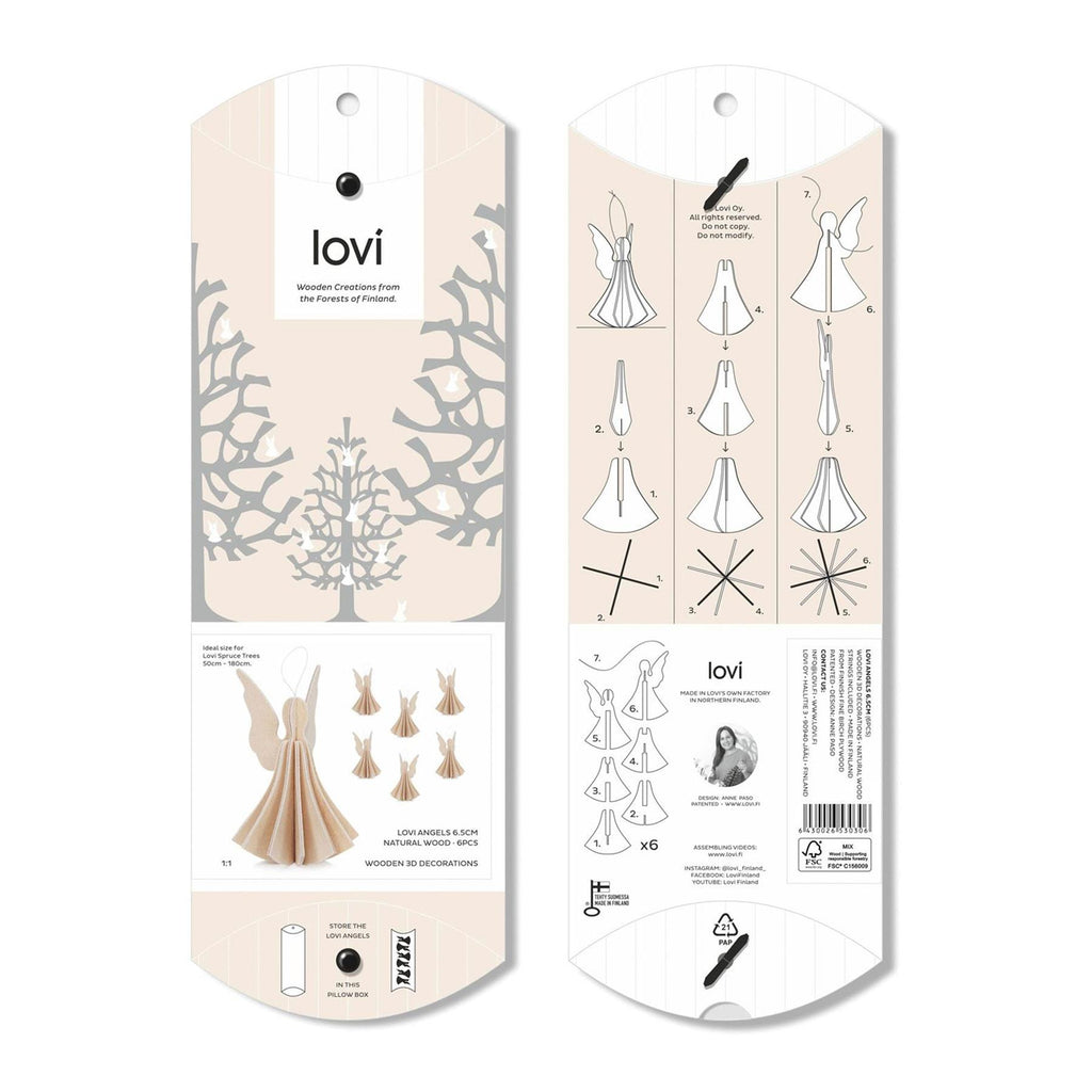 Lovi Wooden Angels Decoration - Height : 6.5cm, Set of 6