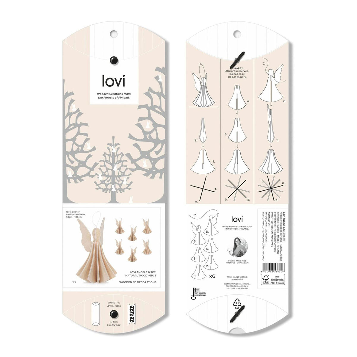 Lovi Wooden Angels Decoration - Height : 6.5cm, Set of 6