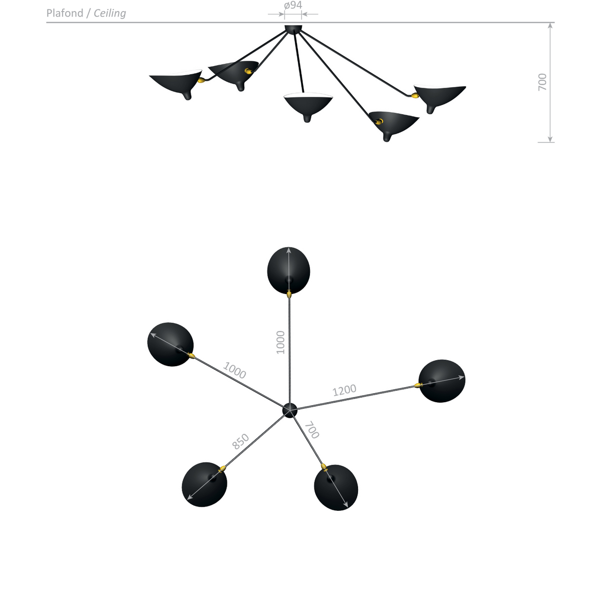 Serge Mouille Plafonnier Araignee 5 Still Arms Wall Lamp
