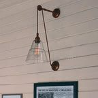 Mullan Lighting Rigale Industrial Pulley Wall Light with Stepped Glass Lamp Shade