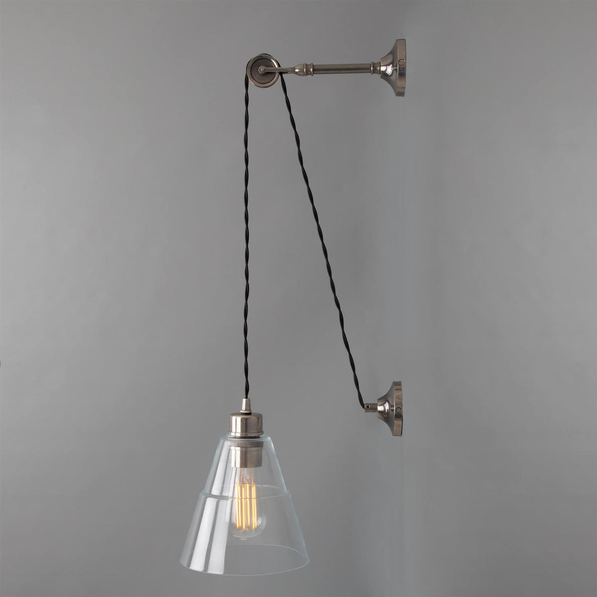Mullan Lighting Rigale Industrial Pulley Wall Light with Stepped Glass Lamp Shade