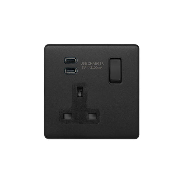 Soho Lighting Camden Collection Matt Black 13A 1 Gang C+C Socket with Dual USB-C